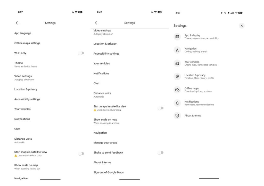 Google Maps new settings